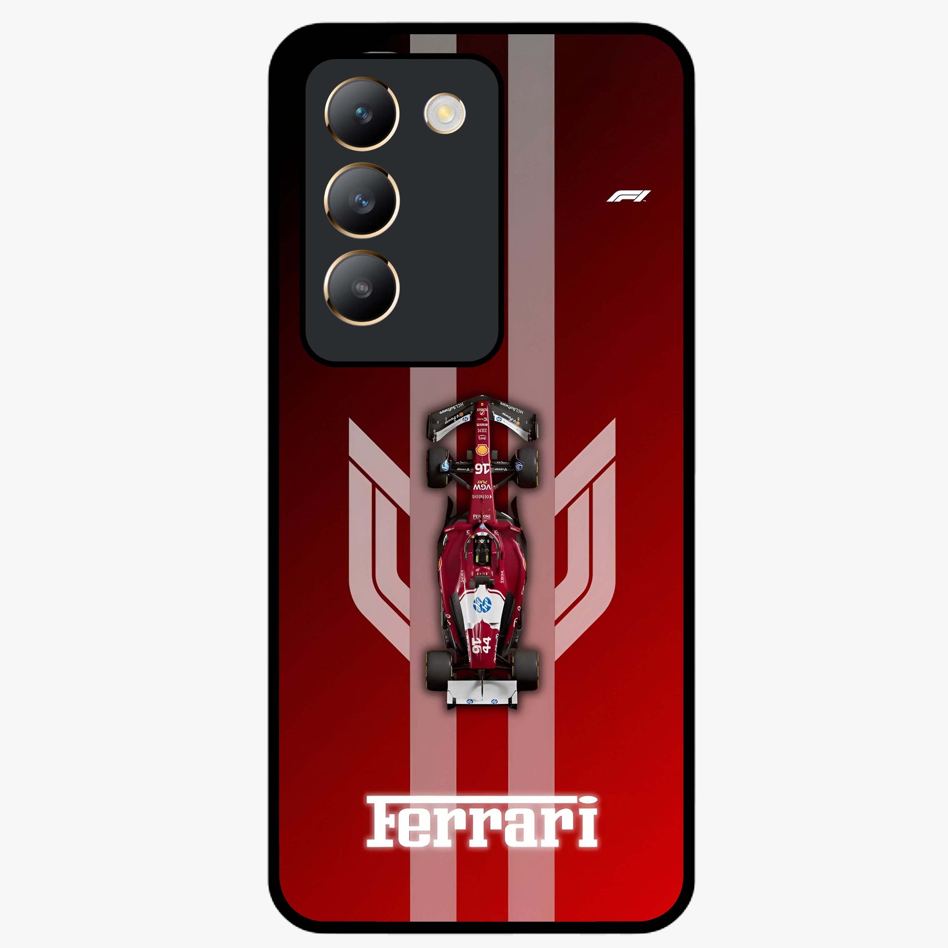 Red Ferrari F1 Vertical Glass Case showing flat back view with sleek Formula racing car artwork and glossy glass finish.