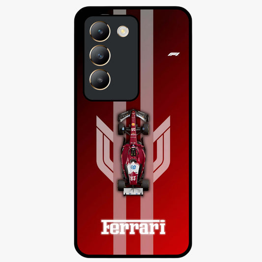 Red Ferrari F1 Vertical Glass Case showing flat back view with sleek Formula racing car artwork and glossy glass finish.