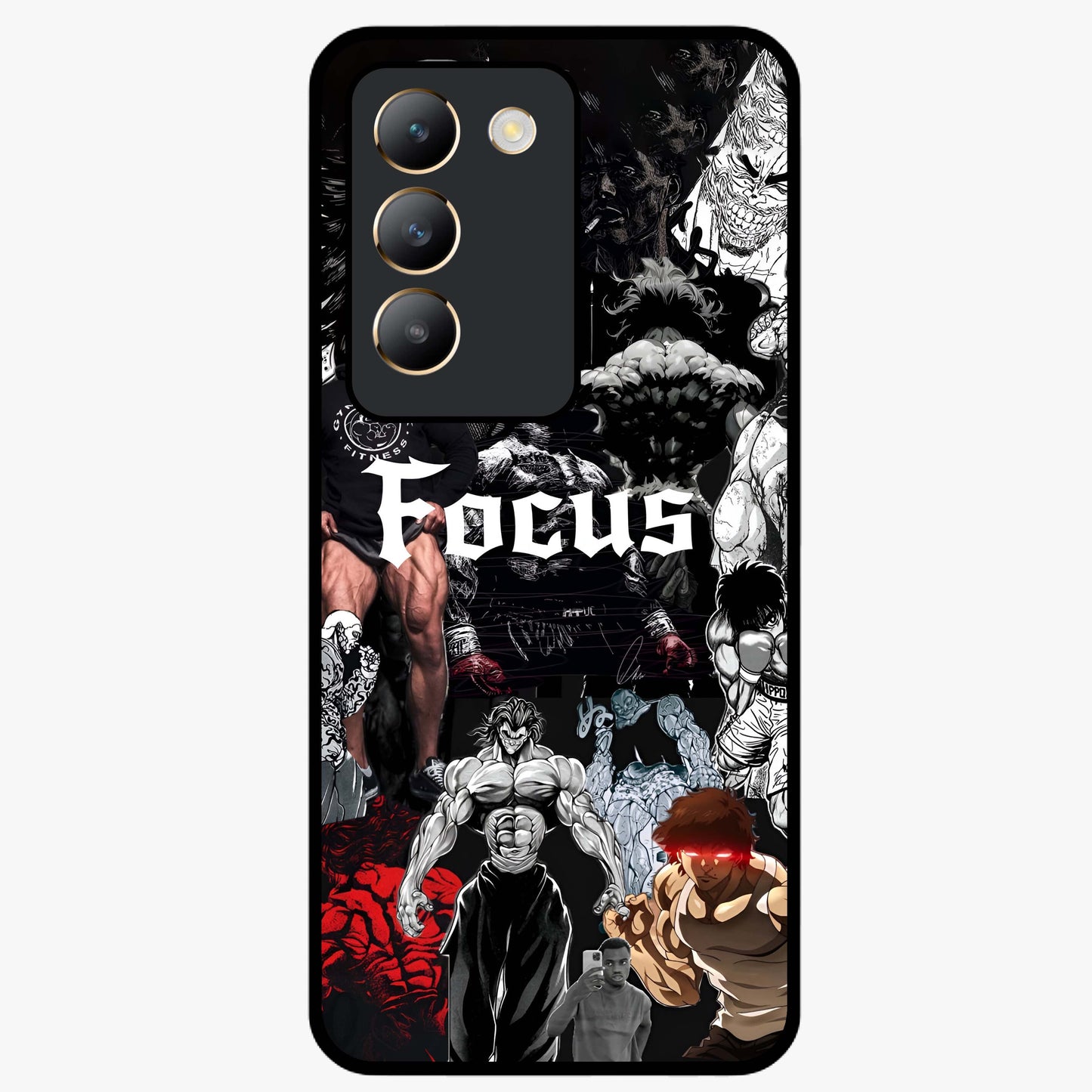 Relentless Power Focus Glass Case showing flat back view with motivational typography artwork and glossy glass finish.