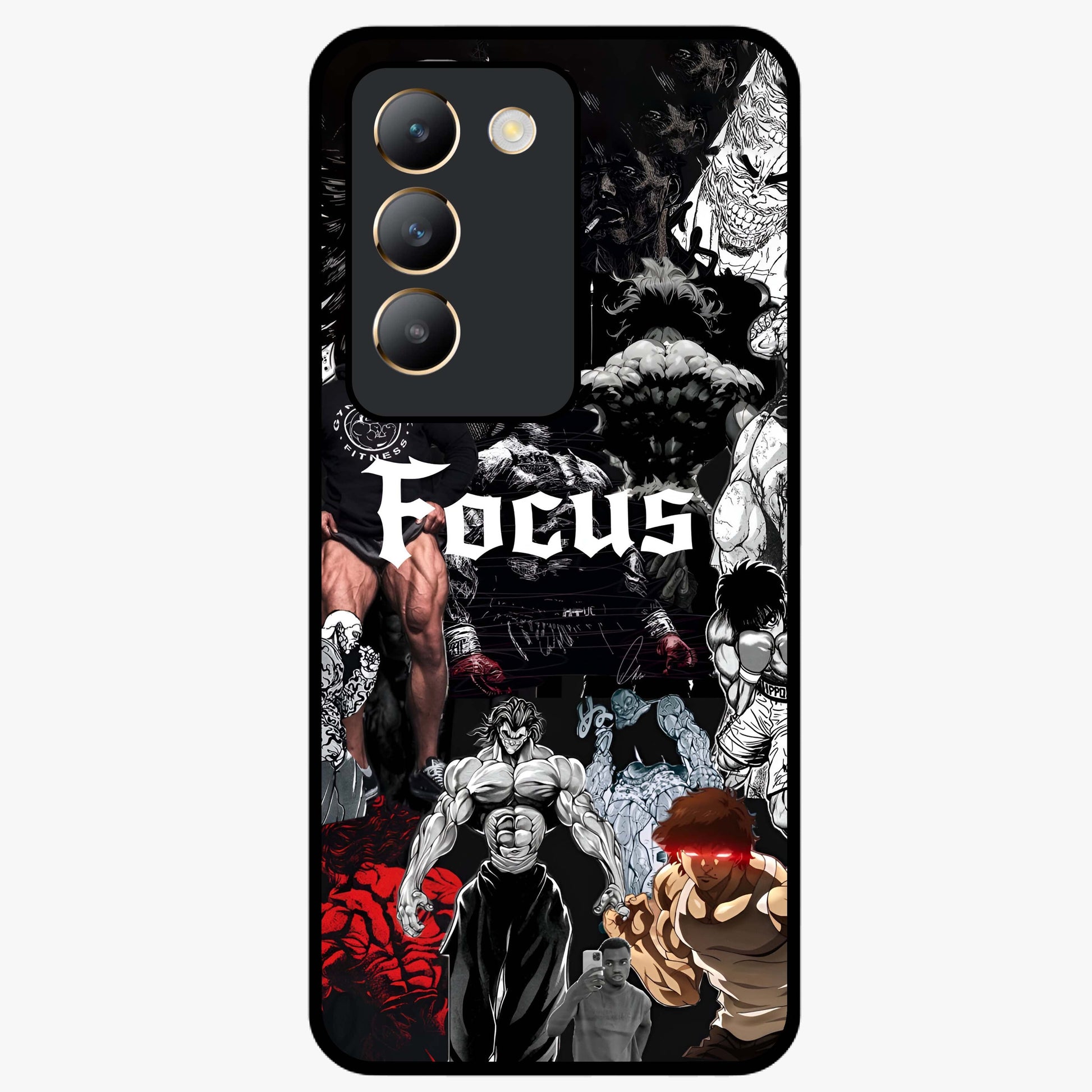Relentless Power Focus Glass Case showing flat back view with motivational typography artwork and glossy glass finish.