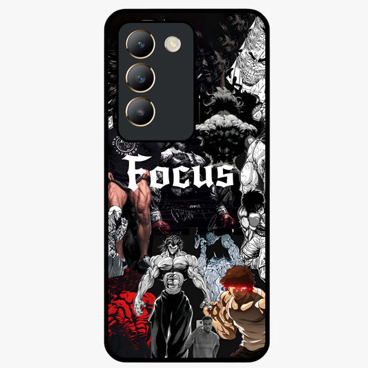 Relentless Power Focus Glass Case showing flat back view with motivational typography artwork and glossy glass finish.