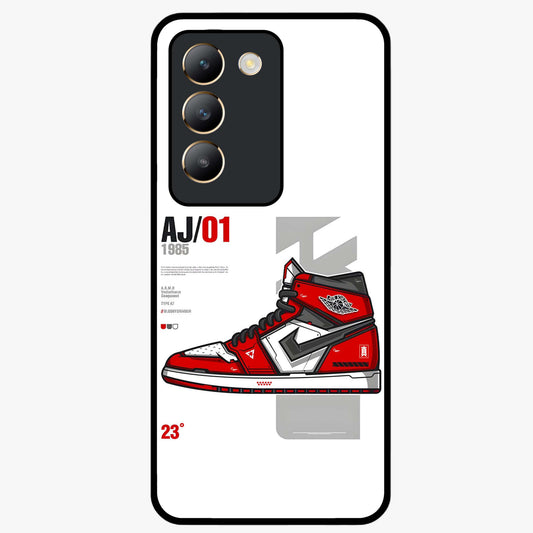 Retro Sneaker Blueprint Glass Case showing flat back view with sneaker blueprint style artwork and glossy glass finish.