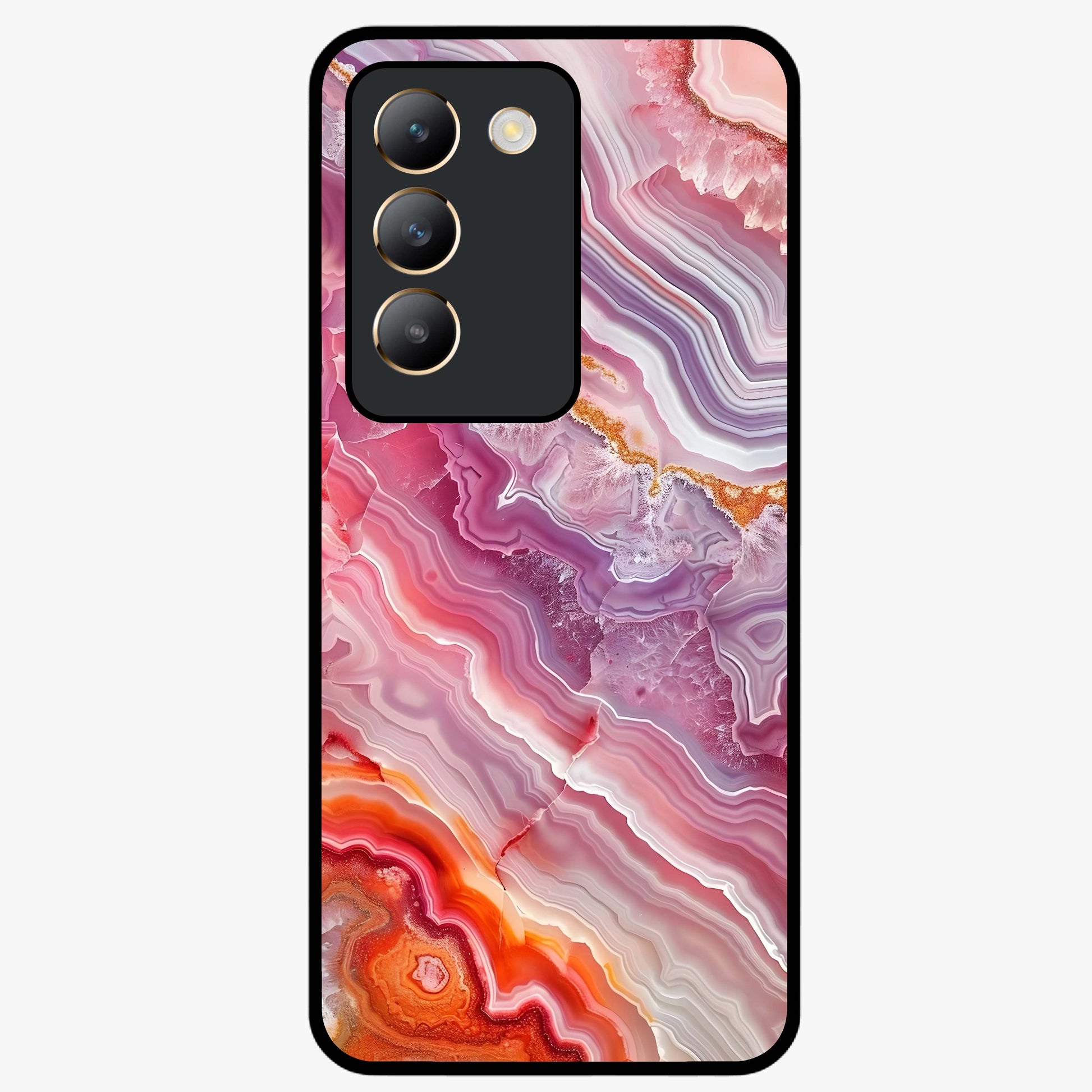 Rose Quartz Marble Glass Case showing flat back view with pink marble quartz texture artwork and glossy glass finish.