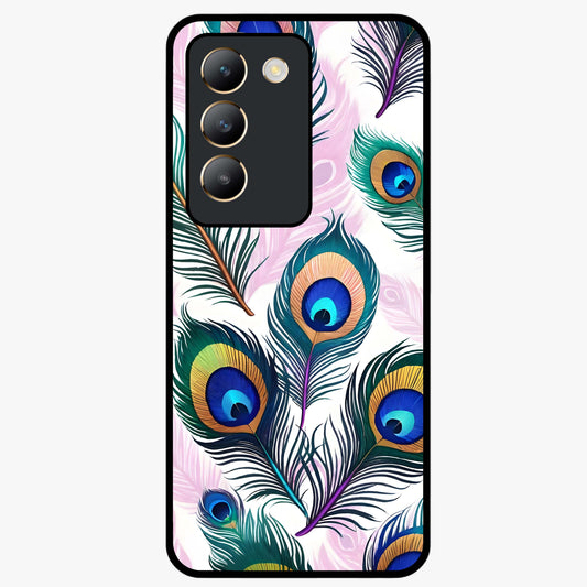 Royal Peacock Feathers Glass Case showing flat back view with colorful peacock feather artwork and glossy glass finish.
