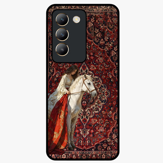 Royal Rider Tapestry Glass Case showing flat back view with majestic horse rider tapestry artwork and glossy glass finish.