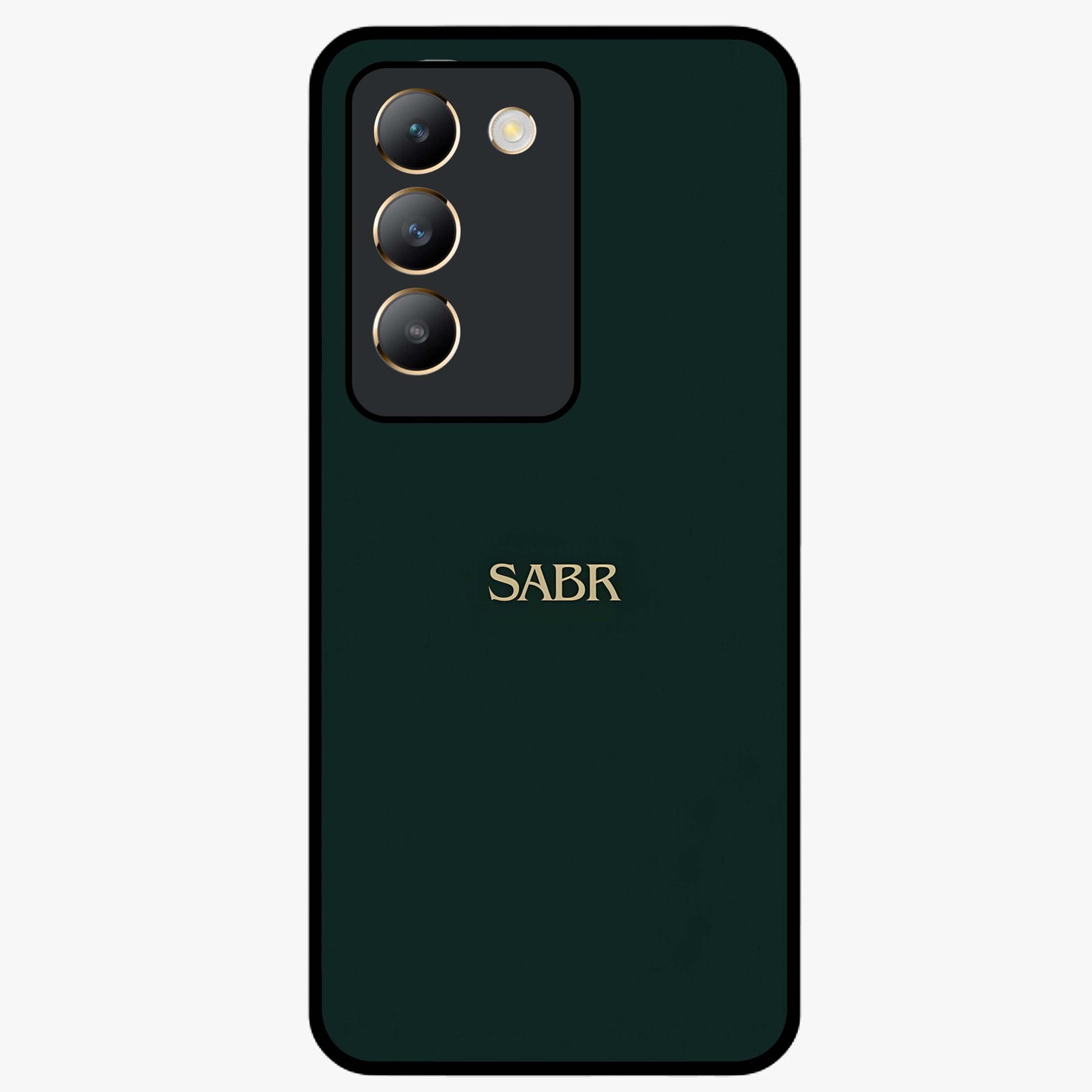 Sabr Minimal Patience Glass Case showing flat back view with minimalist typography artwork and glossy glass finish.