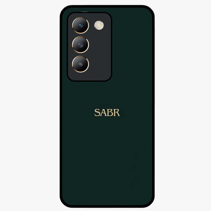 Sabr Minimal Patience Glass Case showing flat back view with minimalist typography artwork and glossy glass finish.