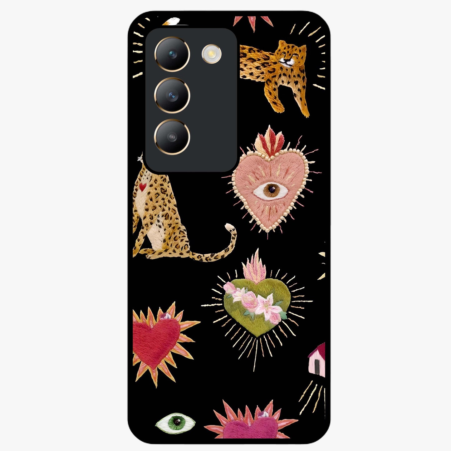 Sacred Jungle Heart Glass Case showing flat back view with jungle inspired heart artwork and glossy glass finish.