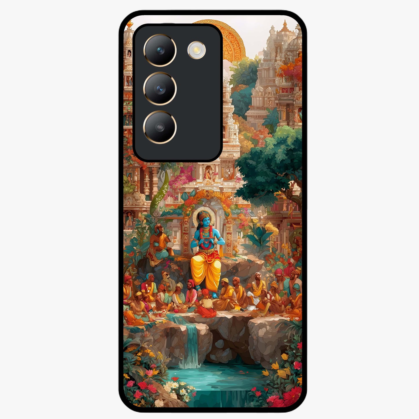 Sacred Sunlight Gods Glass Case showing flat back view with divine sunlight themed artwork and glossy glass finish.
