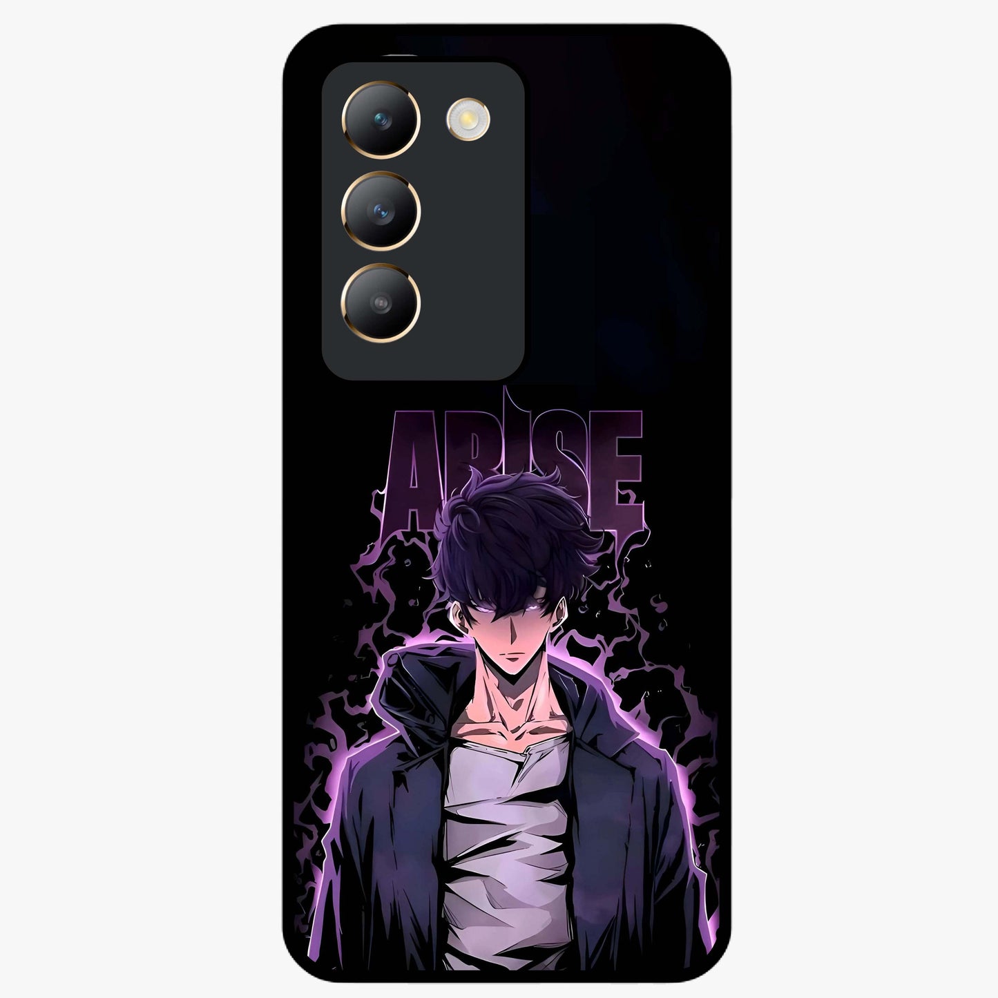 Shadow Monarch Awakening Glass Case showing flat back view with powerful dark monarch themed artwork and glossy glass finish.