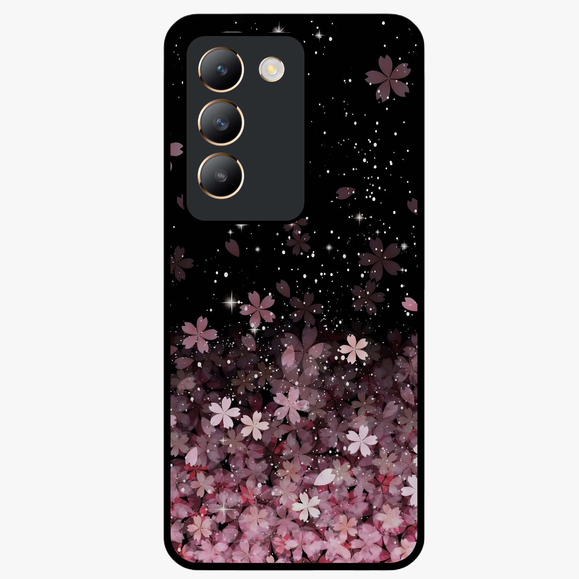Small Starry Flowers Glass Case showing flat back view with delicate starry floral artwork and glossy glass finish.