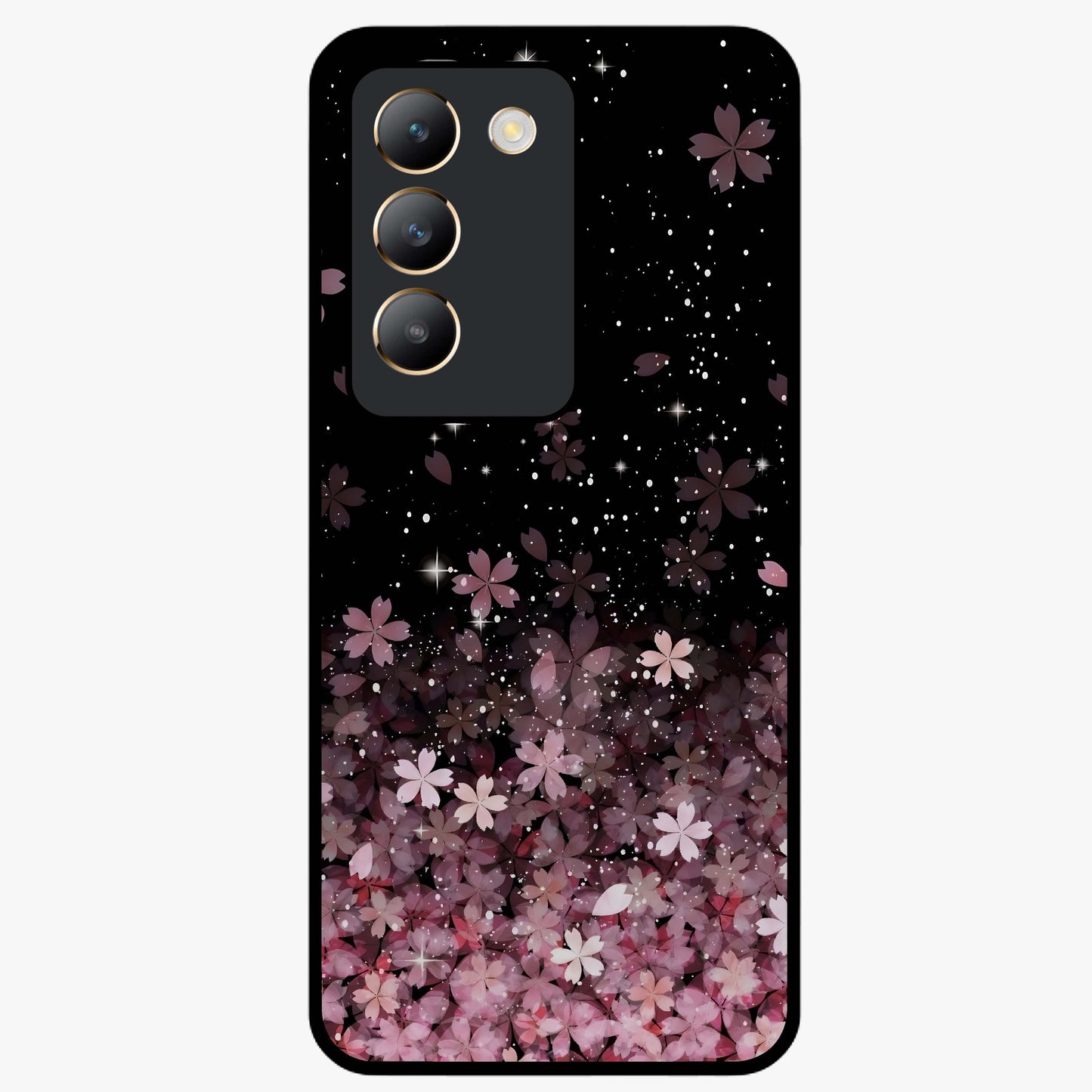 Small Starry Flowers Glass Case showing flat back view with delicate starry floral artwork and glossy glass finish.