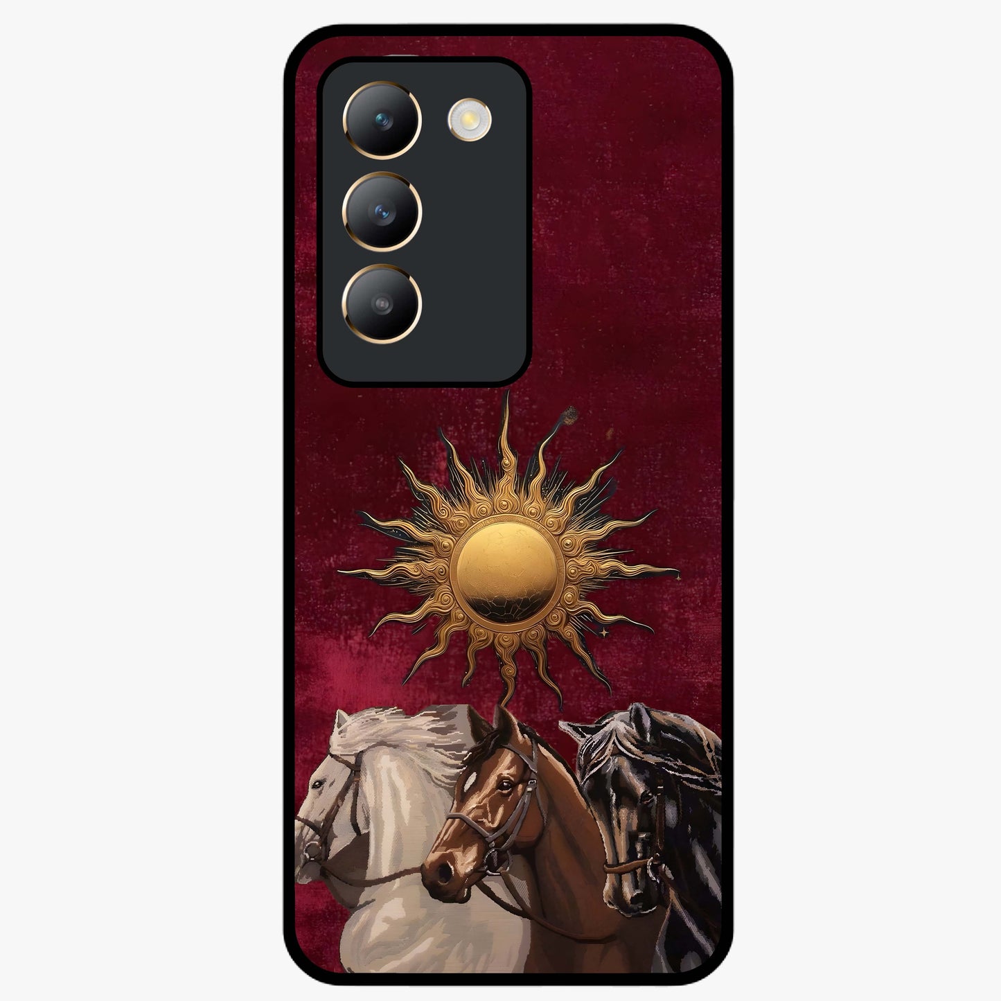 Solar Riders Glass Case showing flat back view with dynamic rider themed artwork and glossy glass finish.