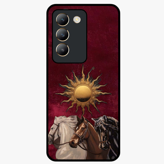 Solar Riders Glass Case showing flat back view with dynamic rider themed artwork and glossy glass finish.