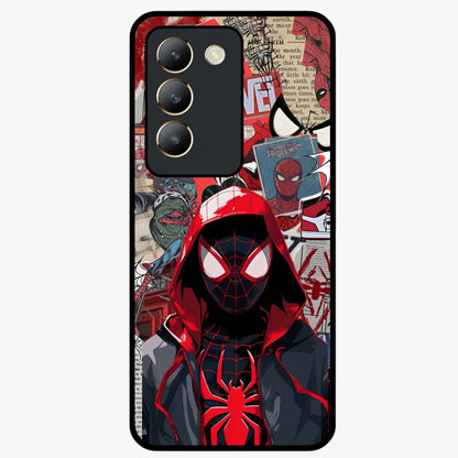 Spider Collage Street Glass Case showing flat back view with vibrant superhero collage artwork and glossy glass finish.