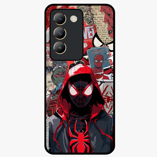 Spider Collage Street Glass Case showing flat back view with vibrant superhero collage artwork and glossy glass finish.