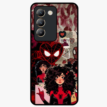 Spider Love Story Glass Case showing flat back view with romantic superhero themed artwork and glossy glass finish.