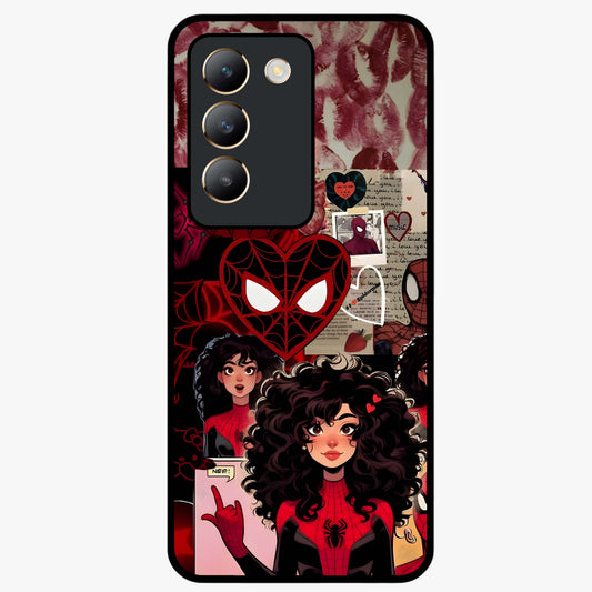 Spider Love Story Glass Case showing flat back view with romantic superhero themed artwork and glossy glass finish.