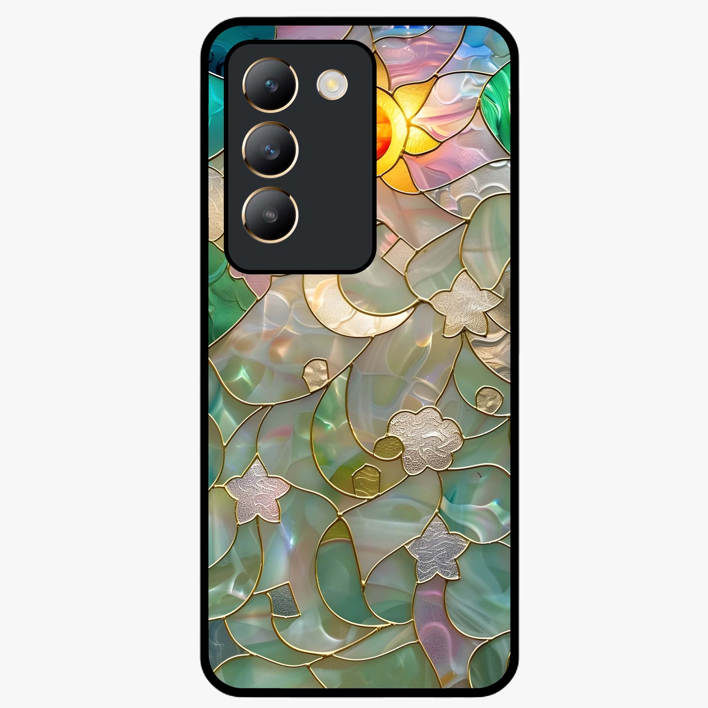 Stained Sunrise Glow Glass Case showing flat back view with glowing sunrise stained pattern artwork and glossy glass finish.