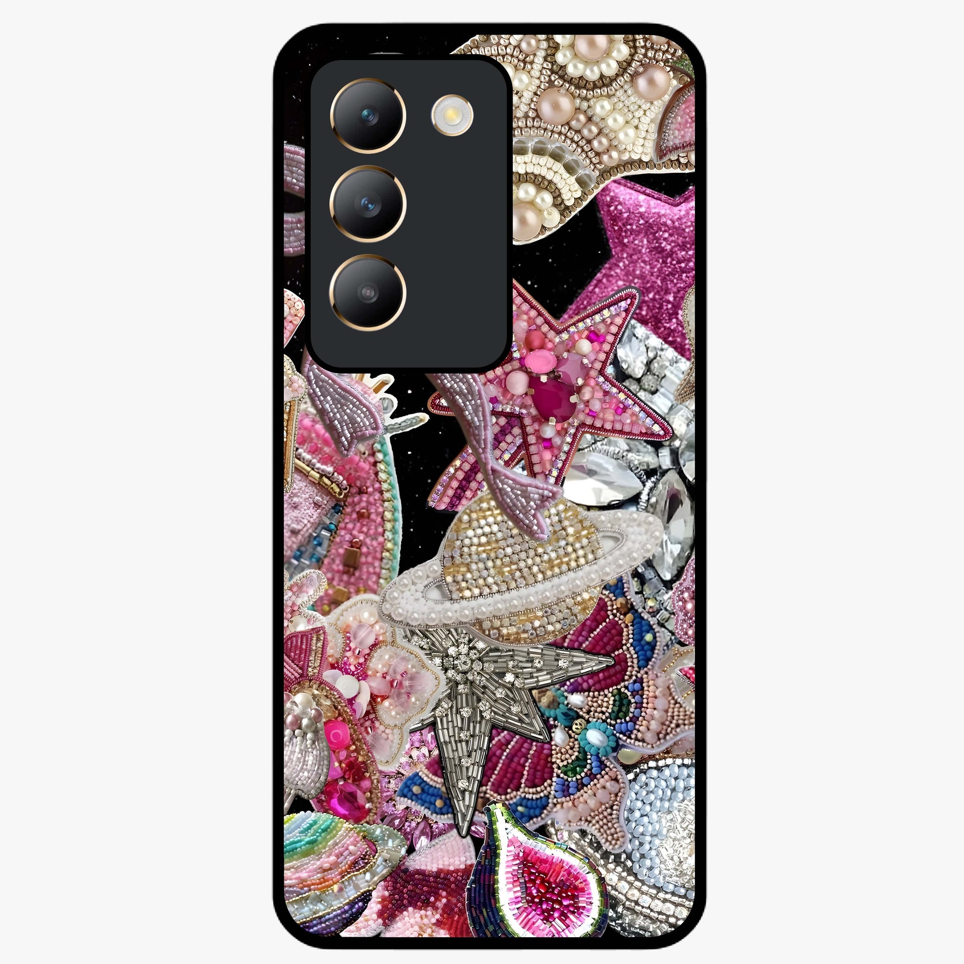 Starlit Jewel Dream Glass Case showing flat back view with sparkling jewel and star themed artwork and glossy glass finish.