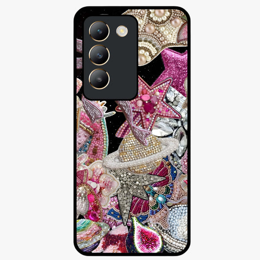 Starlit Jewel Dream Glass Case showing flat back view with sparkling jewel and star themed artwork and glossy glass finish.