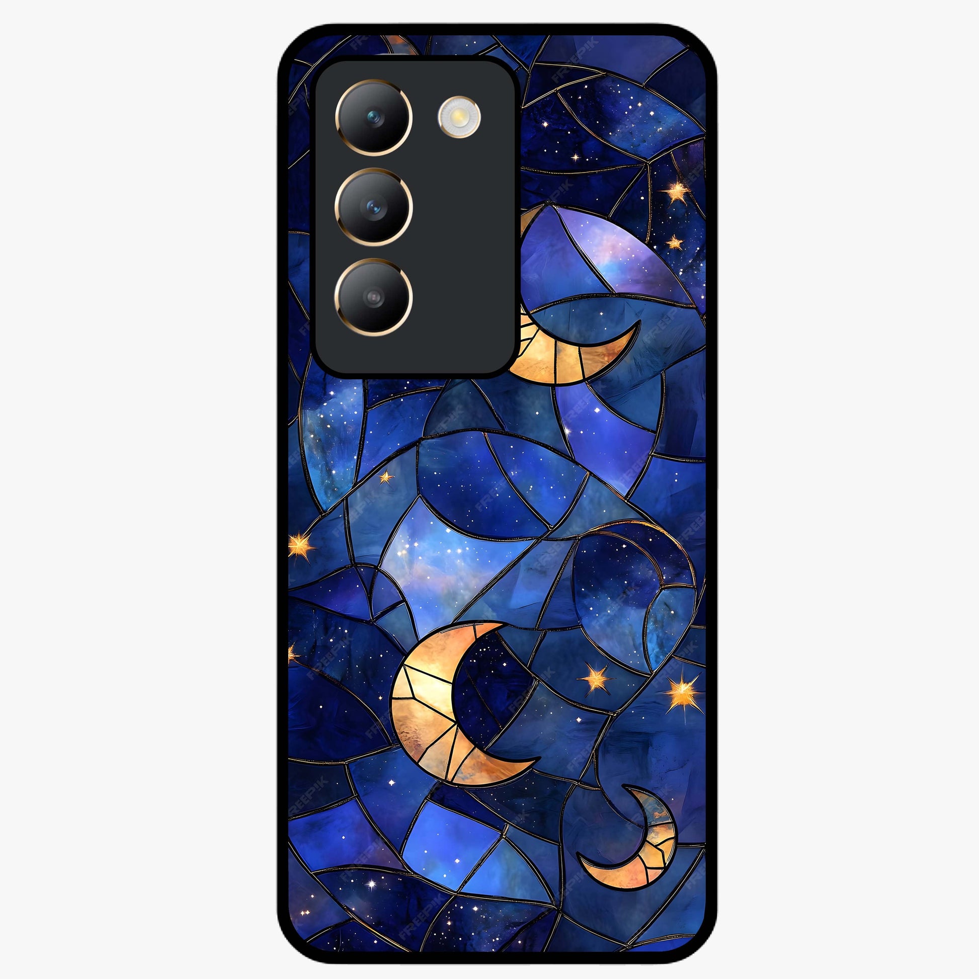 Starlit Sky Tapestry Glass Case showing flat back view with decorative starry sky tapestry artwork and glossy glass finish.