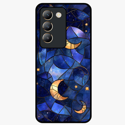 Starlit Sky Tapestry Glass Case showing flat back view with decorative starry sky tapestry artwork and glossy glass finish.