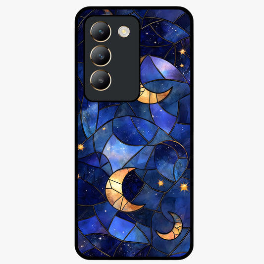 Starlit Sky Tapestry Glass Case showing flat back view with decorative starry sky tapestry artwork and glossy glass finish.