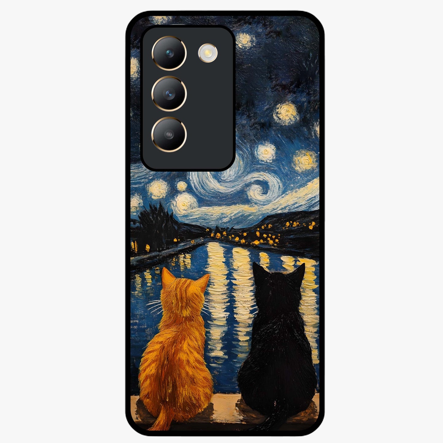 Starry River Cats Glass Case showing flat back view with cats by a starry river artwork and glossy glass finish.