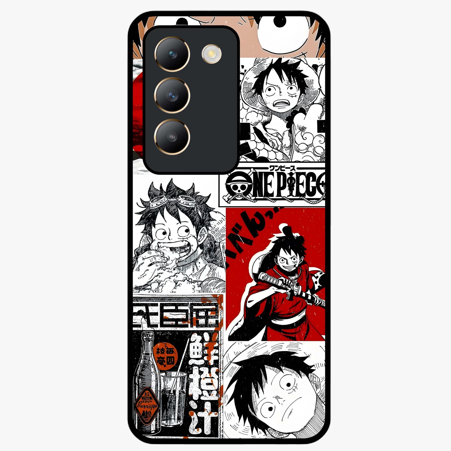 Strawhat Chaos Panels Glass Case showing flat back view with anime inspired chaos panel artwork and glossy glass finish.