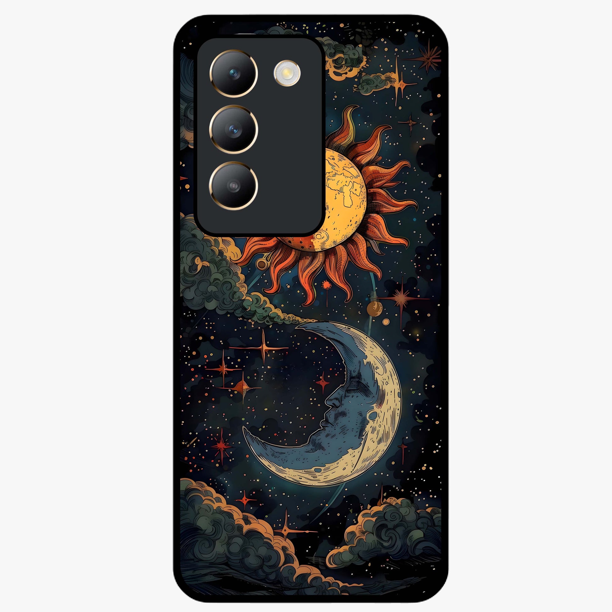 Sun And Moon Magic Design Glass Case showing flat back view with mystical sun and moon artwork and glossy glass finish.