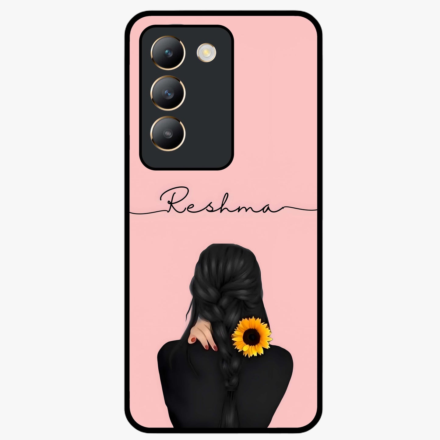 Sunflower Braid Beauty With Custom Name Glass Case showing flat back view with sunflower braid artwork and personalized name design.