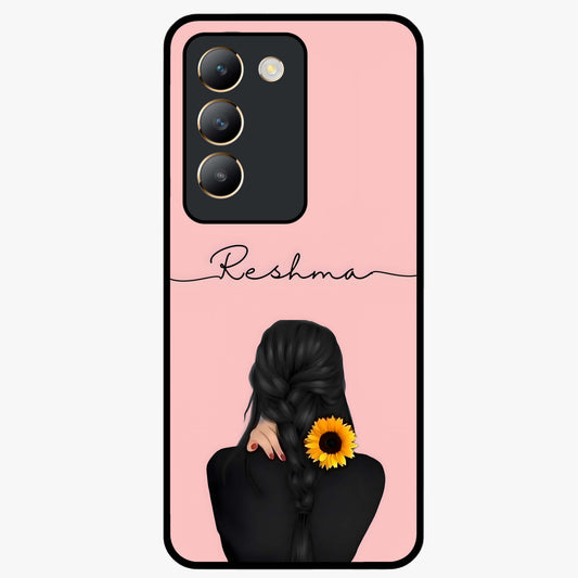 Sunflower Braid Beauty With Custom Name Glass Case showing flat back view with sunflower braid artwork and personalized name design.