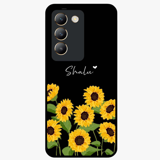 Sunflower Chic Mood Custom Name Glass Case showing flat back view with stylish sunflower artwork and personalized name design.