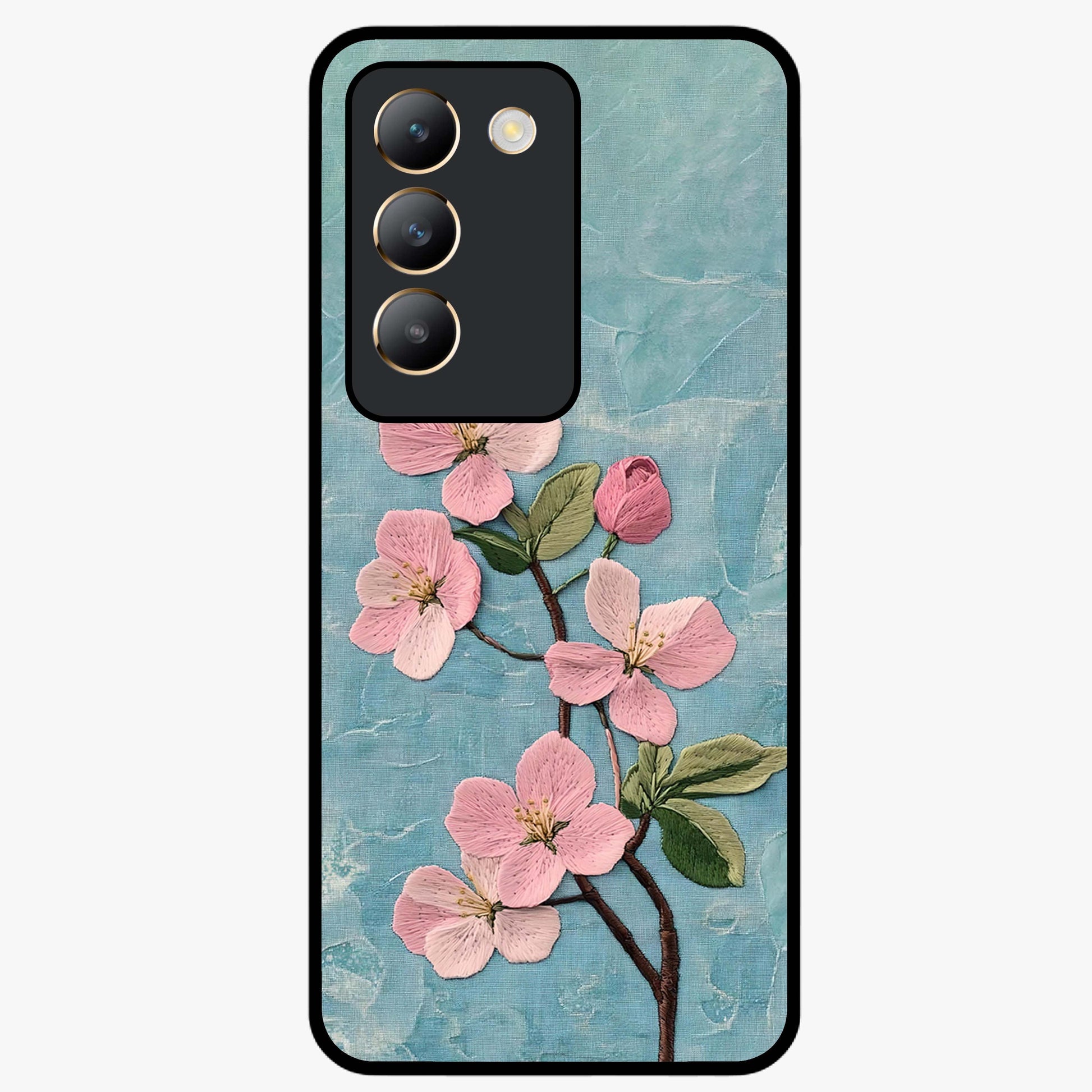Threaded Blossom Breeze Glass Case showing flat back view with delicate blossom artwork and glossy glass finish.
