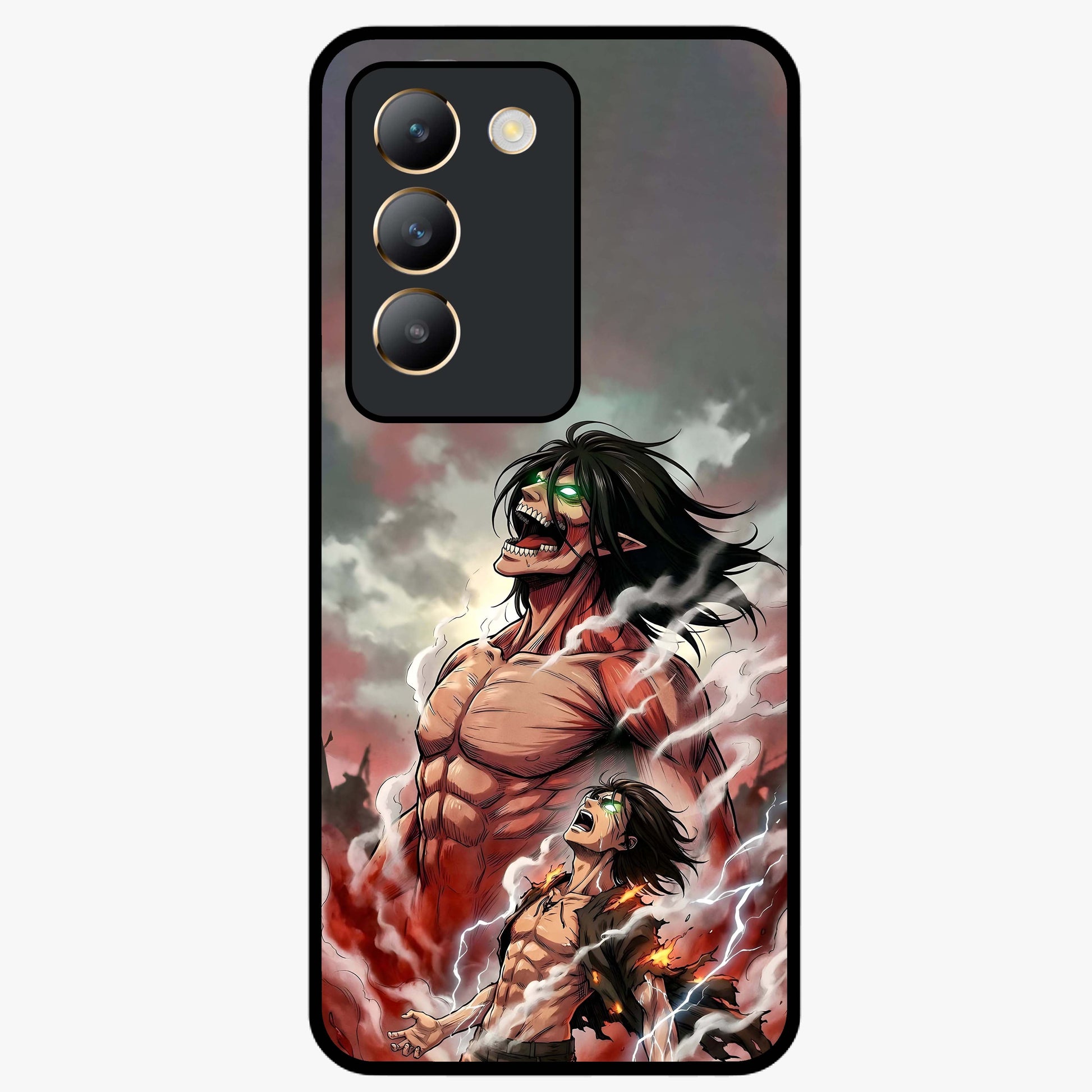 Titan Awakening Fury Glass Case showing flat back view with powerful titan inspired artwork and glossy glass finish.