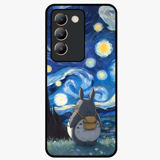 Totoro In Van Gogh Art Glass Case showing flat back view with whimsical character artwork inspired by Van Gogh style and glossy glass finish.