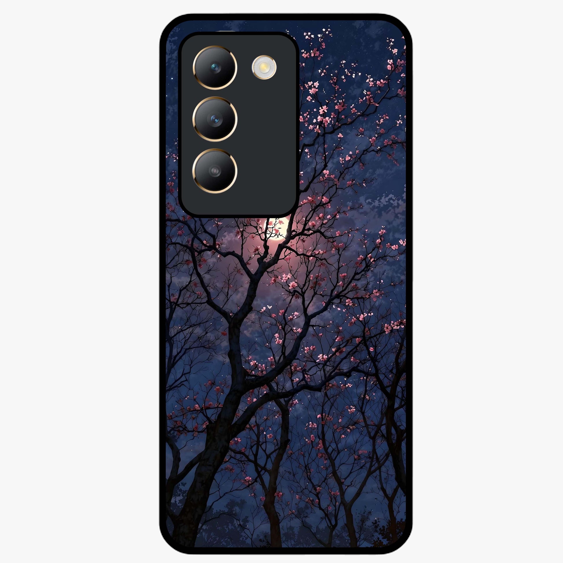 Twilight Sakura Serenade Glass Case showing flat back view with cherry blossom artwork at twilight and glossy glass finish.