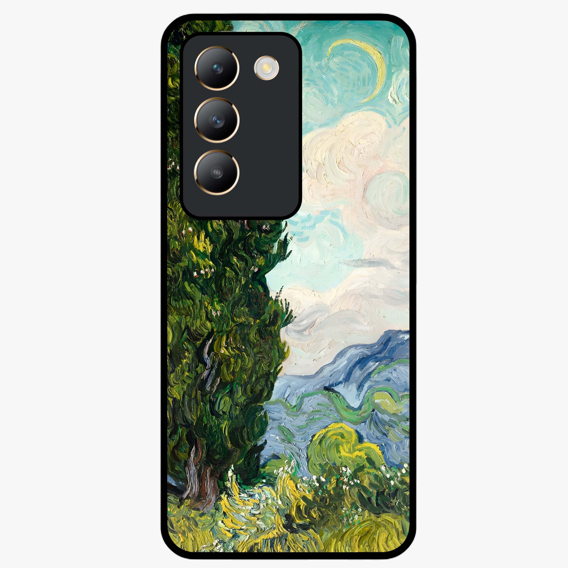Van Gogh Vintage Art Glass Case showing flat back view with vintage painterly artwork inspired by Van Gogh style and glossy glass finish.