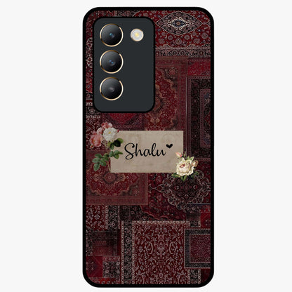 Velvet Wine Pattern Custom Name Glass Case showing flat back view with elegant wine colored pattern artwork and personalized name design.