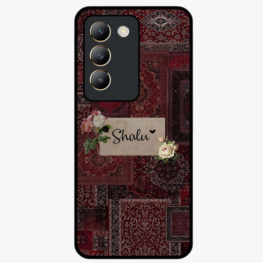 Velvet Wine Pattern Custom Name Glass Case showing flat back view with elegant wine colored pattern artwork and personalized name design.