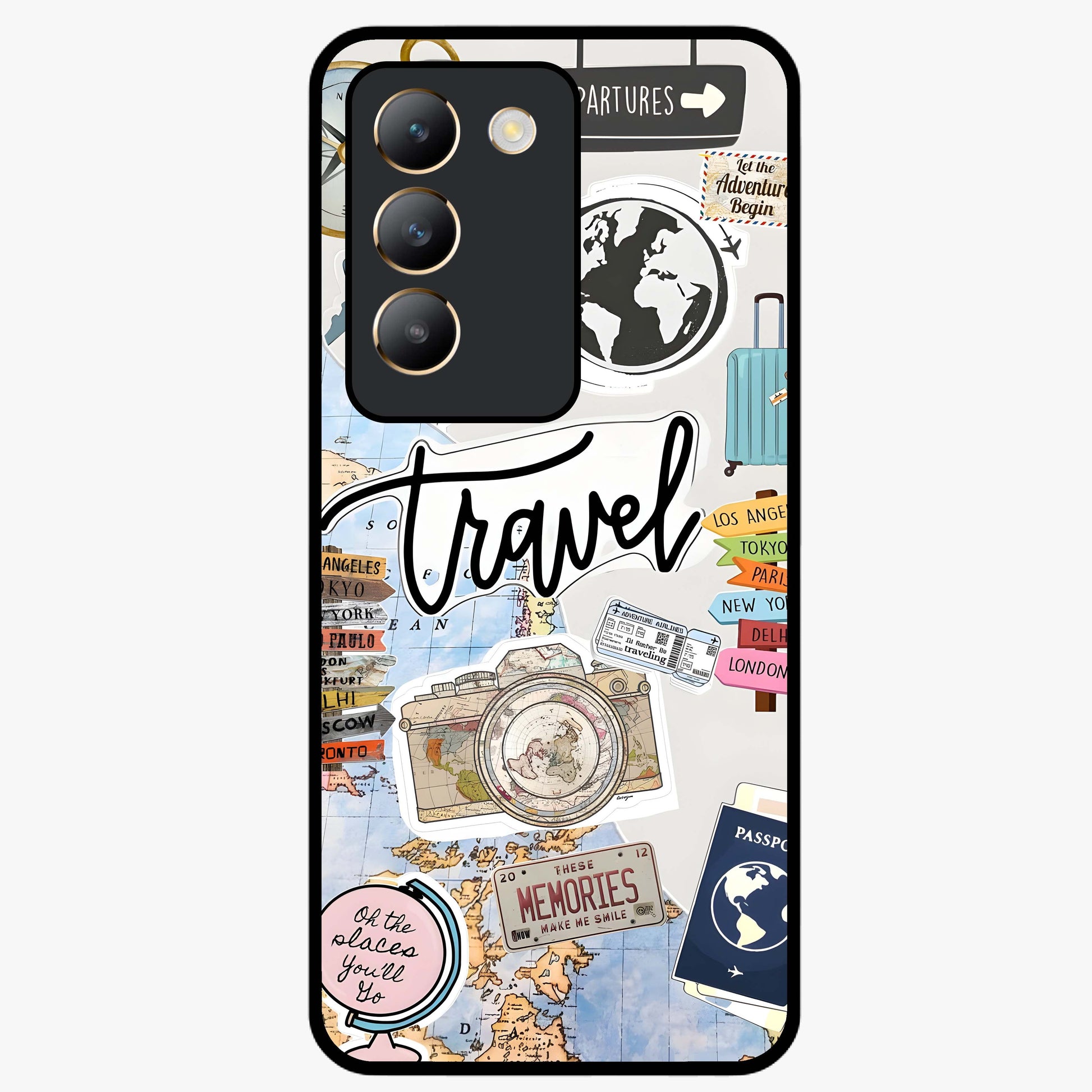 Wanderlust Journal Glass Case showing flat back view with travel inspired artwork and glossy glass finish.
