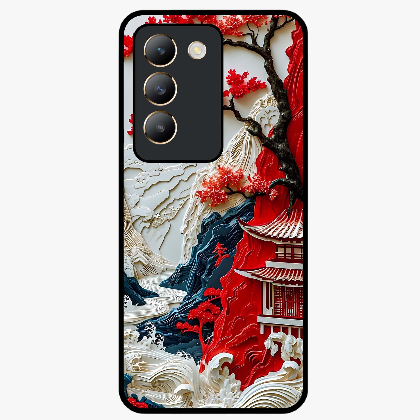 Whispers Of Sakura Waves Glass Case showing flat back view with cherry blossom wave artwork and glossy glass finish.