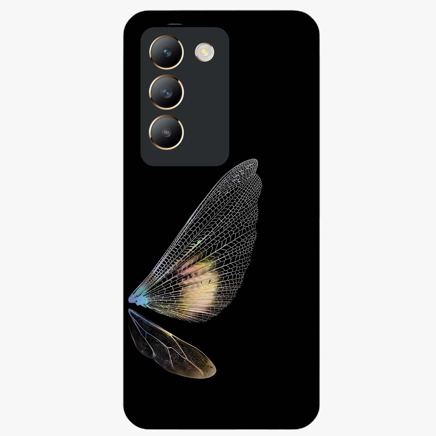 Whispers Of Wings Glass Case showing flat back view with graceful wing inspired artwork and glossy glass finish.