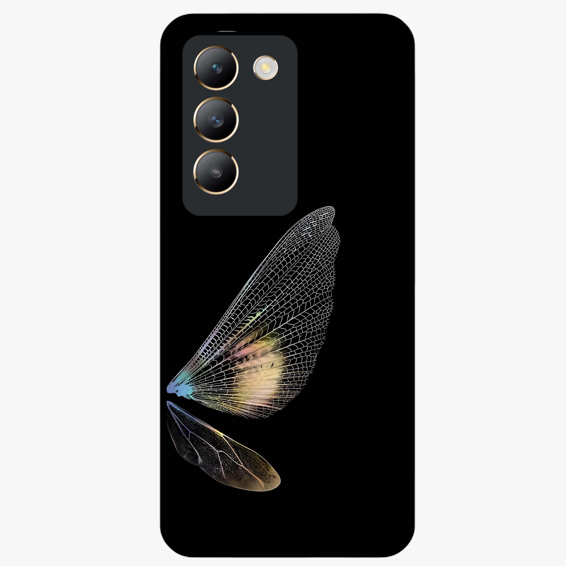 Whispers Of Wings Glass Case showing flat back view with graceful wing inspired artwork and glossy glass finish.
