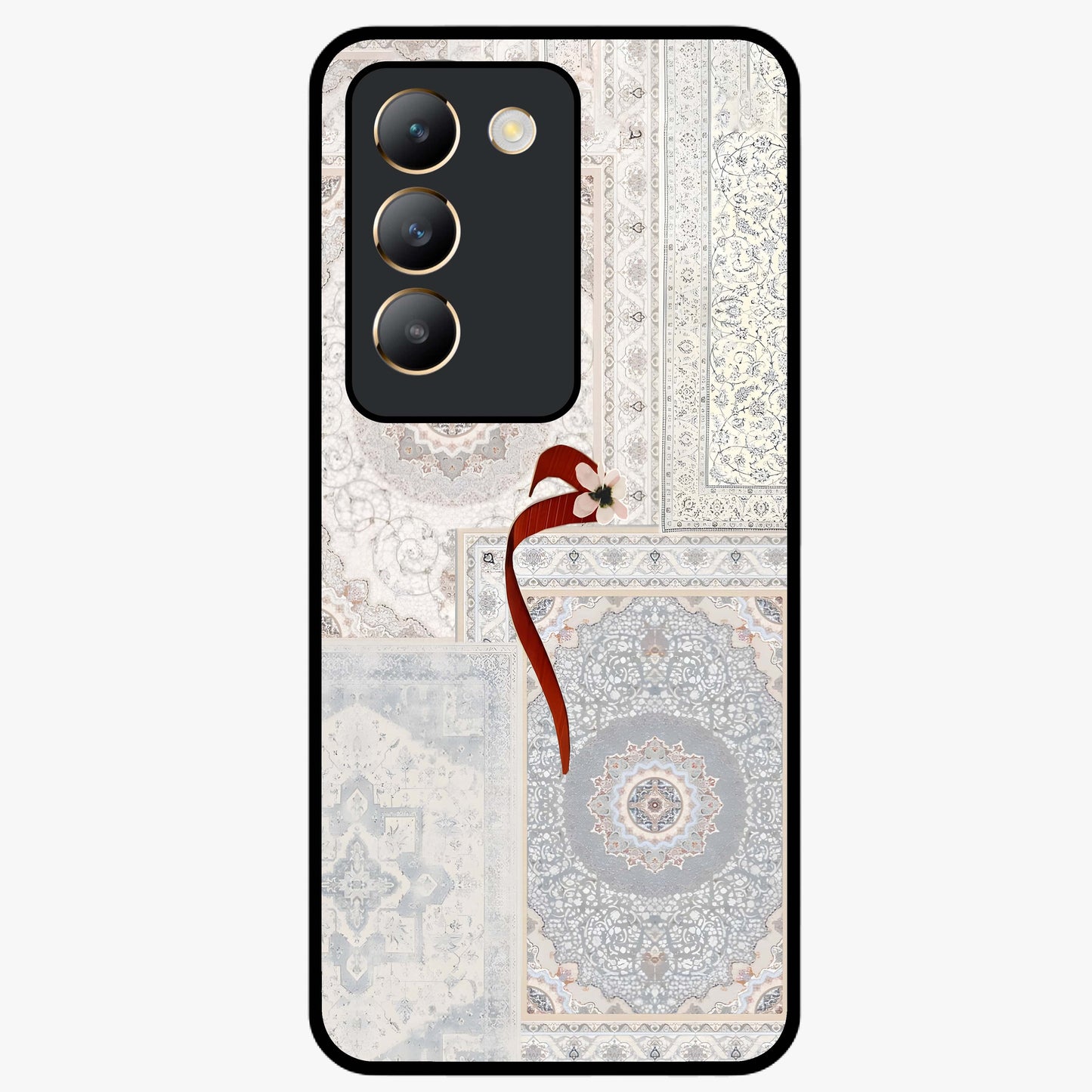 White Aesthetic Bow Glass Case showing flat back view with minimal bow artwork and glossy glass finish.