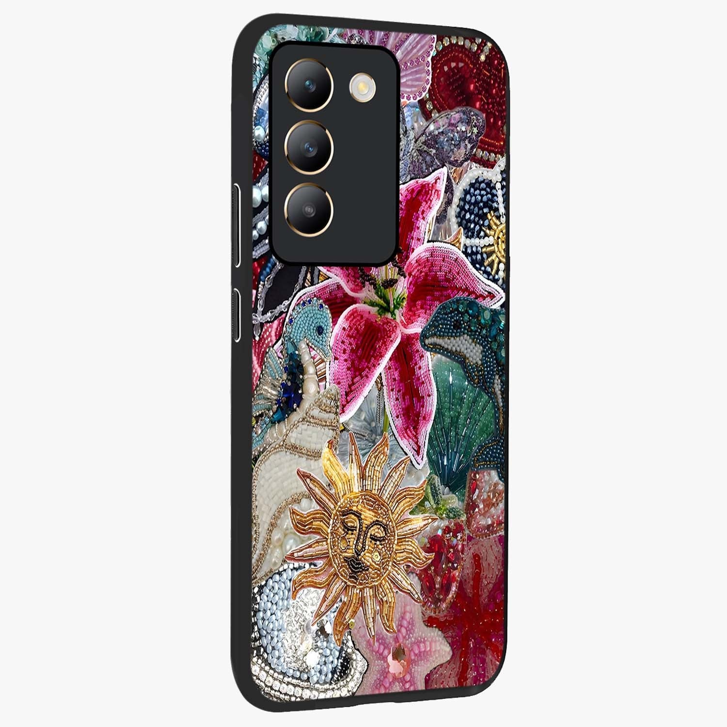 Beaded Garden Fantasy Glass Case upright view showcasing whimsical garden aesthetic with artistic bead details.