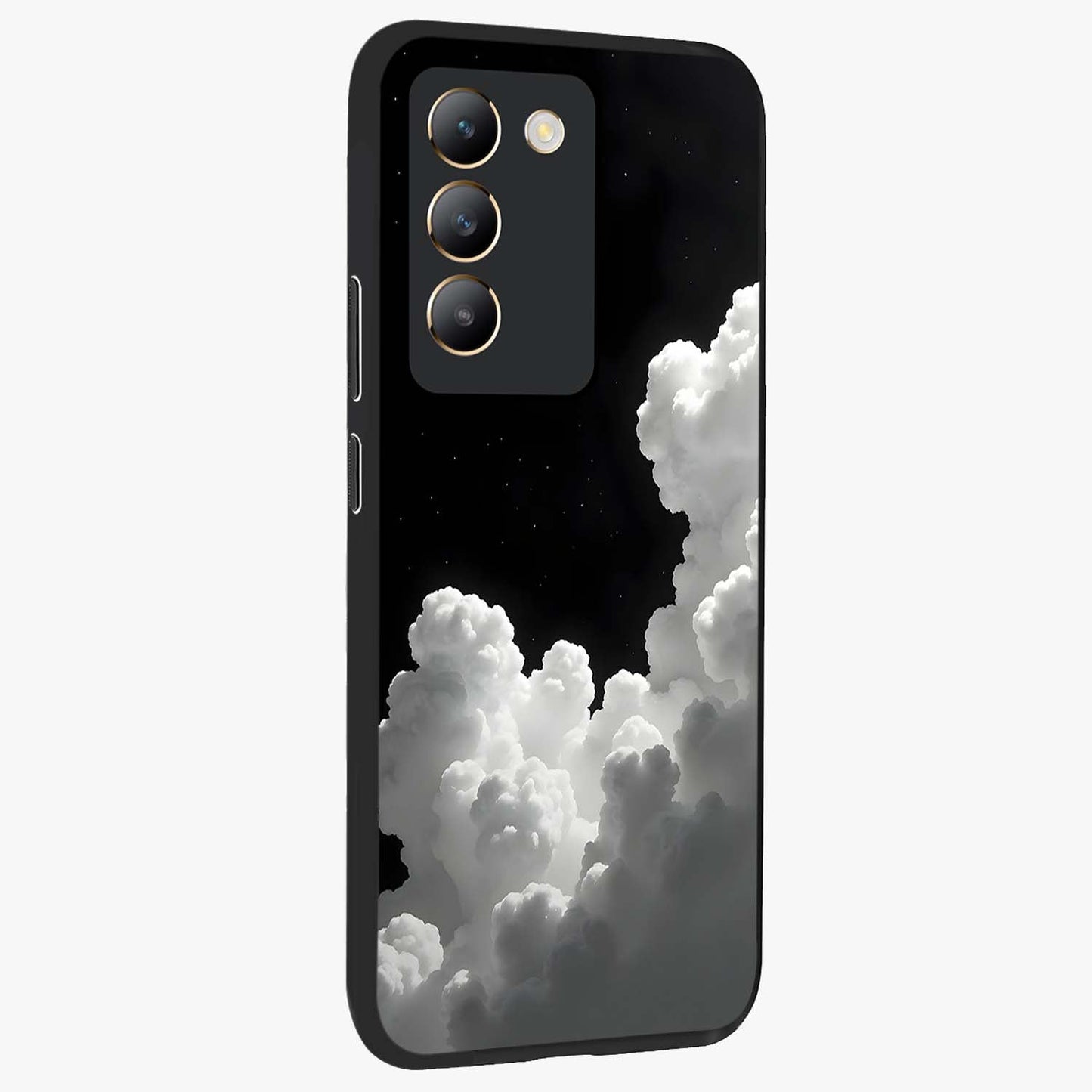 Black Background With White Cloud Glass Case upright view showcasing calm cloud aesthetic with modern minimal style.