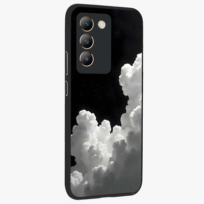 Black Background With White Cloud Glass Case upright view showcasing calm cloud aesthetic with modern minimal style.