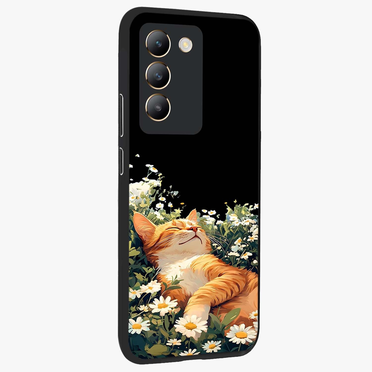Blissful Bloom Cat Glass Case upright view showcasing charming cat design surrounded by blooming floral elements.